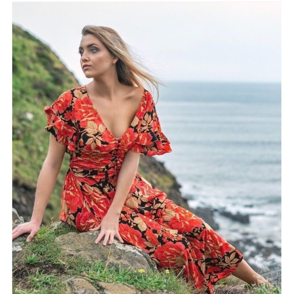 Abel the Label Anthropologie Floral Maxi Dress Short Sleeve XS Orange Black